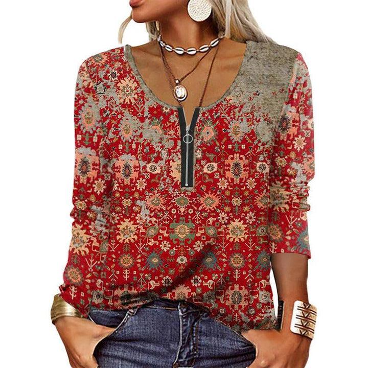 Women's Graceful And Fashionable Long Sleeve Zip Ethnic T-shirt - Trendha
