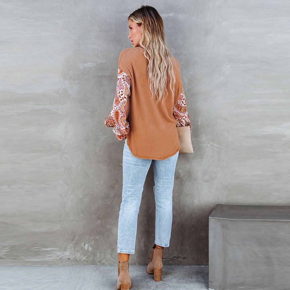 Women's Long Sleeve Printed Round Neck Pullover Loose Top - Trendha