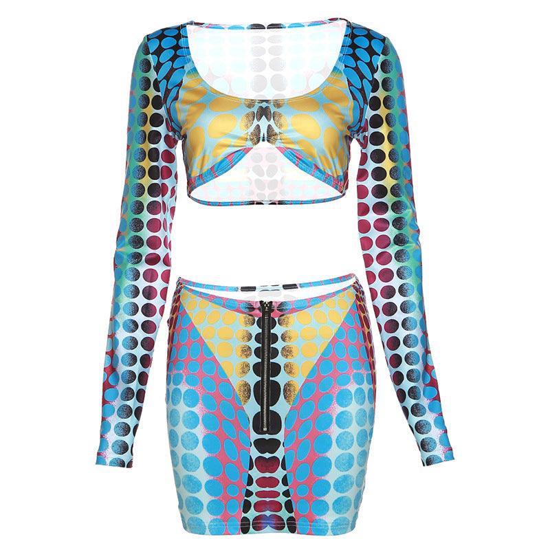 Women's Low Collar Digital Printing Long Sleeve Slim Casual Skirt Outfit - Trendha