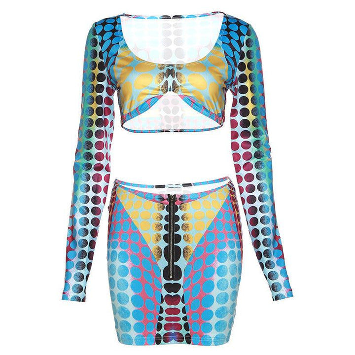 Women's Low Collar Digital Printing Long Sleeve Slim Casual Skirt Outfit - Trendha