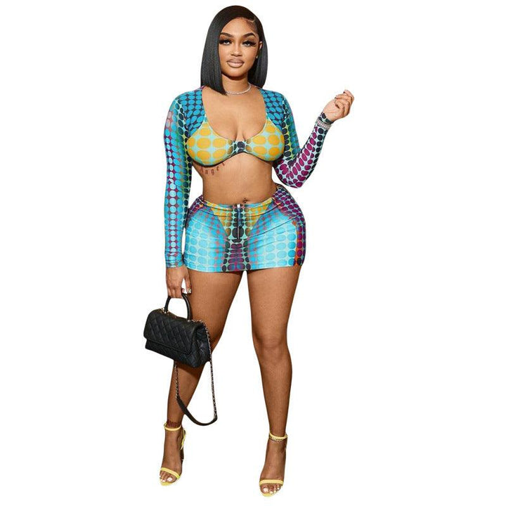 Women's Low Collar Digital Printing Long Sleeve Slim Casual Skirt Outfit - Trendha
