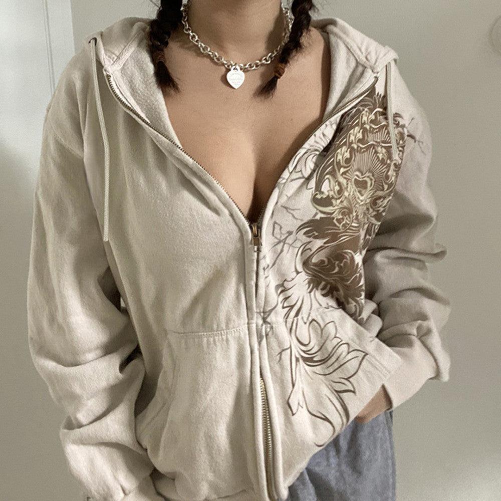 Women's Retro Print Loose Hooded Cardigan Sweater Coat - Trendha