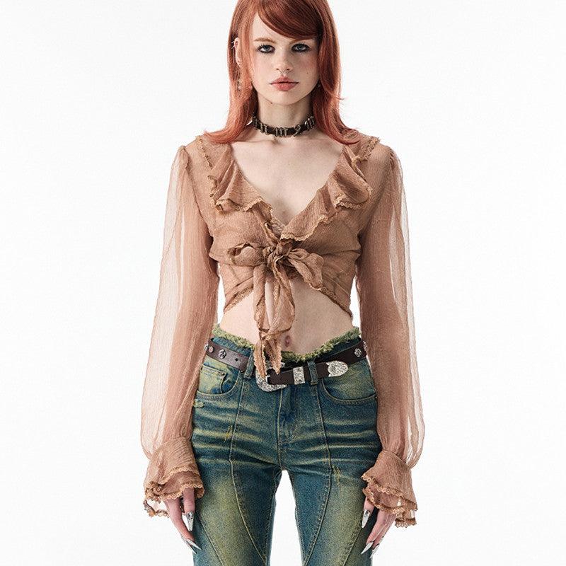 Ruffle-Trim Tie-Front Crop Blouse