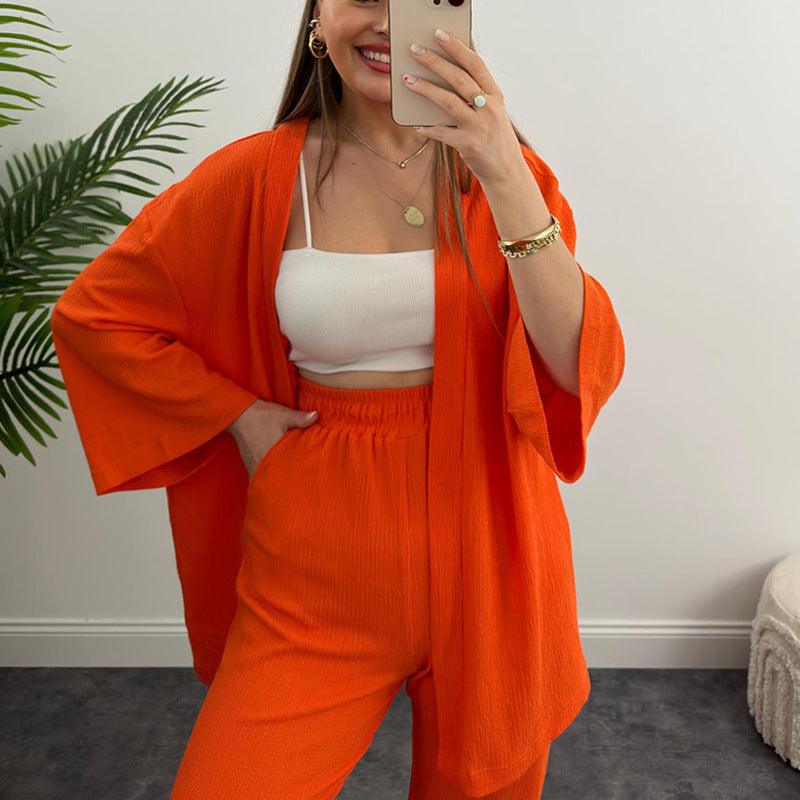 Women's Spring Long Sleeve Solid Color Pleated Elastic Waist Pants Two-piece Set - Trendha