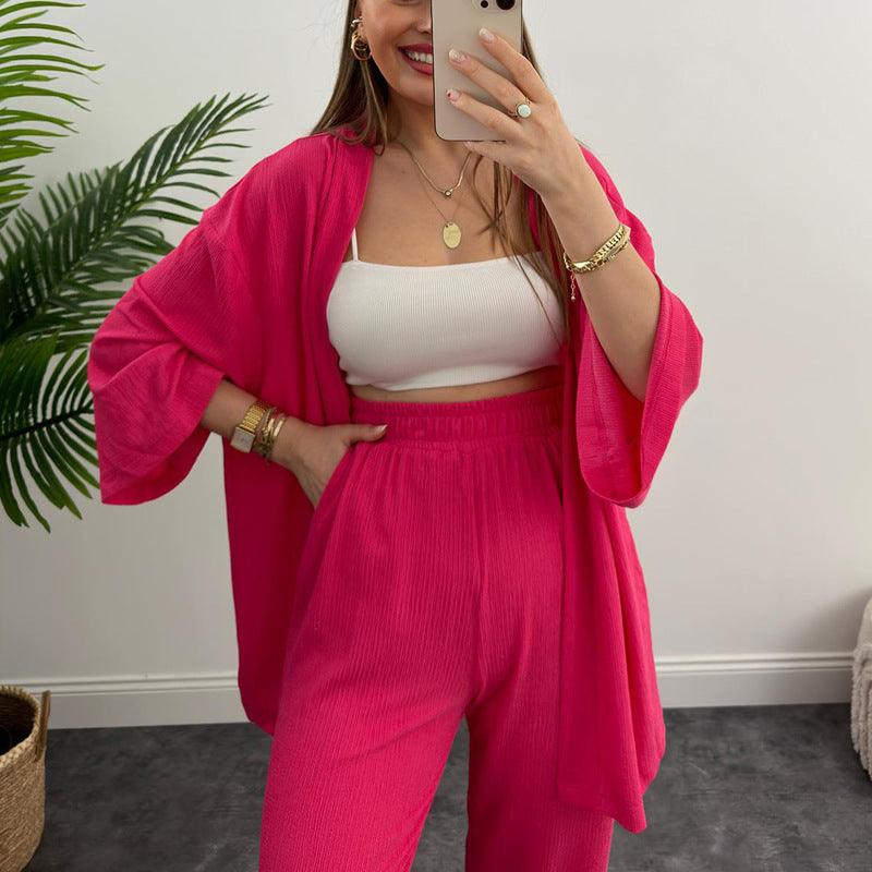Women's Spring Long Sleeve Solid Color Pleated Elastic Waist Pants Two-piece Set - Trendha
