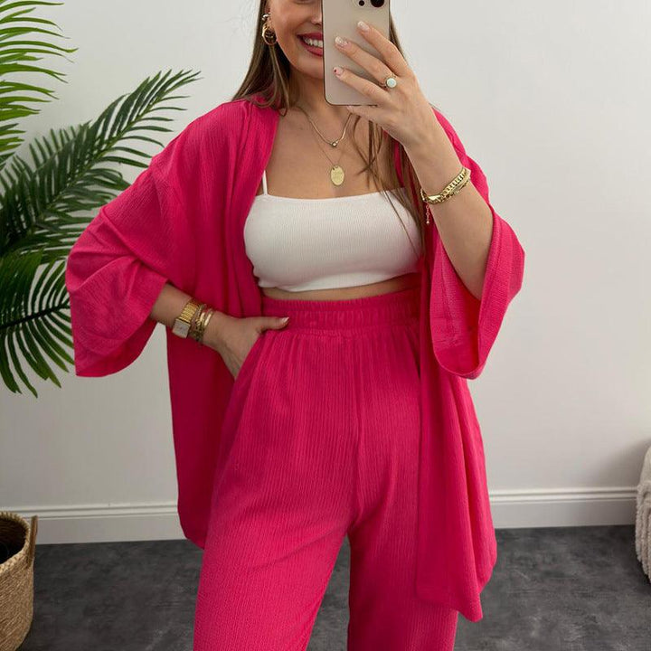 Women's Spring Long Sleeve Solid Color Pleated Elastic Waist Pants Two-piece Set - Trendha