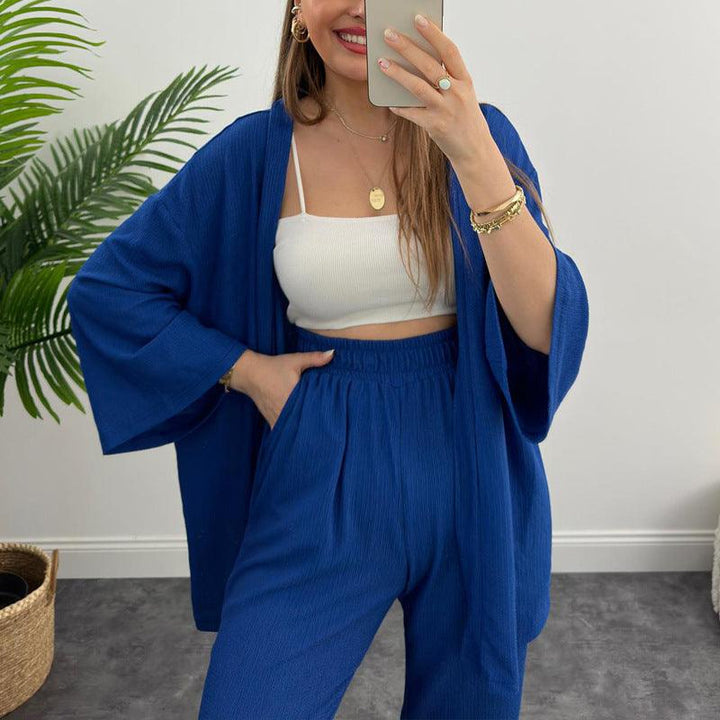 Women's Spring Long Sleeve Solid Color Pleated Elastic Waist Pants Two-piece Set - Trendha