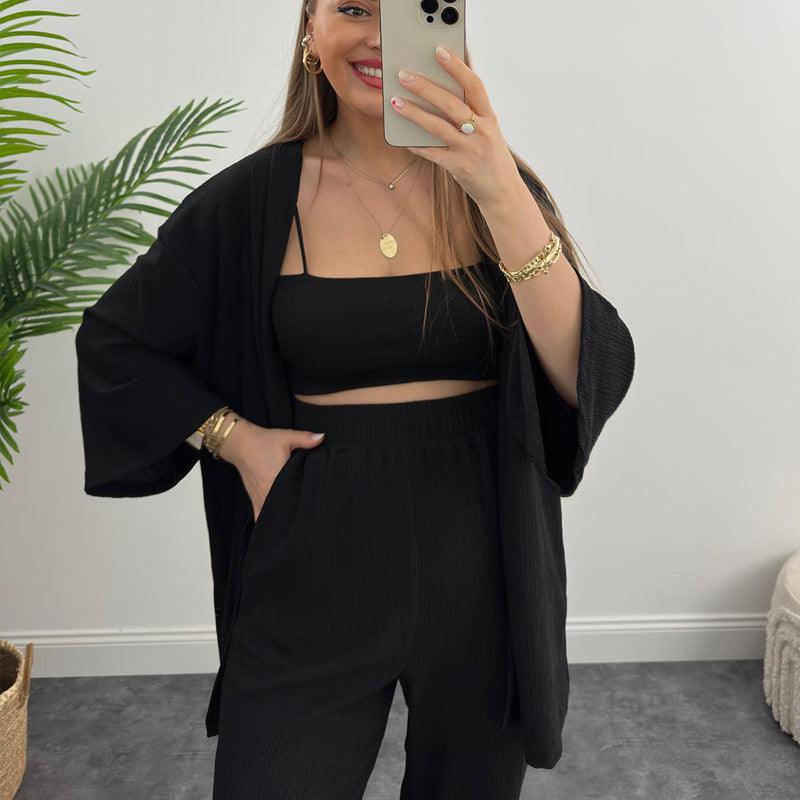 Women's Spring Long Sleeve Solid Color Pleated Elastic Waist Pants Two-piece Set - Trendha