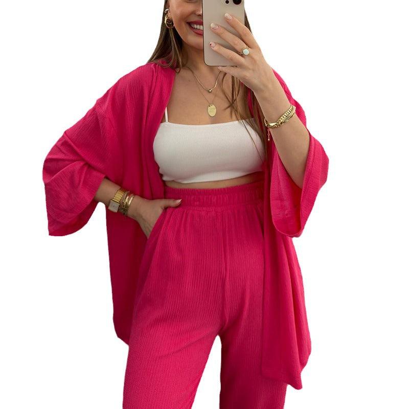 Women's Spring Long Sleeve Solid Color Pleated Elastic Waist Pants Two-piece Set - Trendha