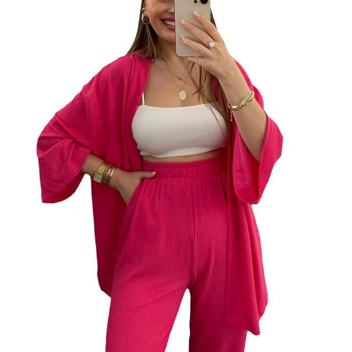 Women's Spring Long Sleeve Solid Color Pleated Elastic Waist Pants Two-piece Set - Trendha