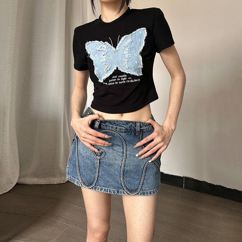 Women's Summer Hot Girl Cropped Printed Top Butterfly Embroidered T-shirt