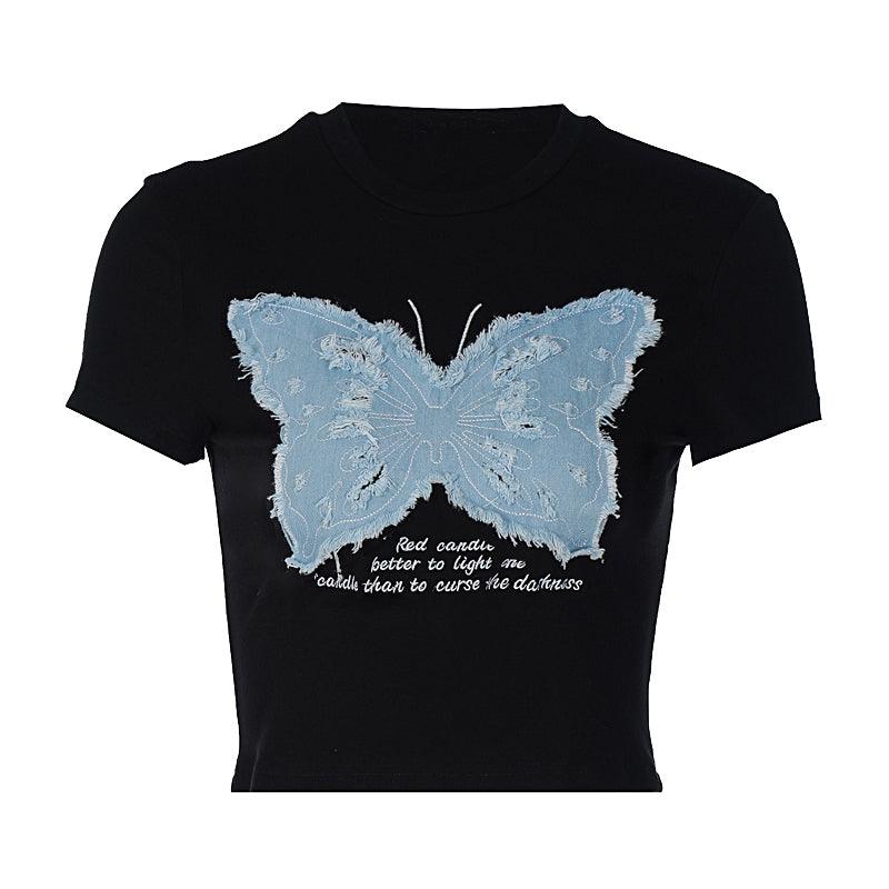 Women's Summer Hot Girl Cropped Printed Top Butterfly Embroidered T-shirt - Trendha