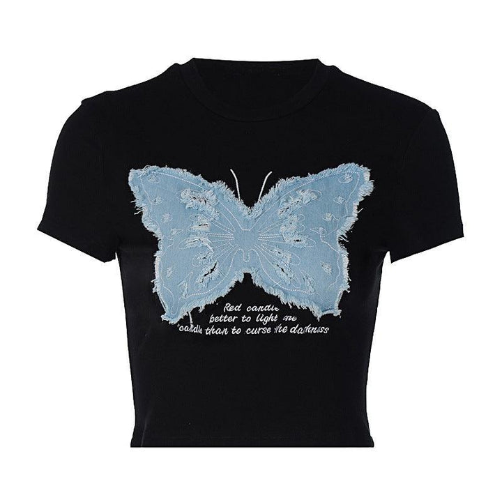 Women's Summer Hot Girl Cropped Printed Top Butterfly Embroidered T-shirt - Trendha