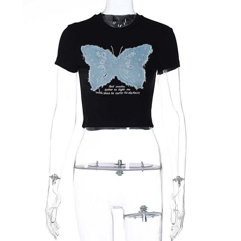 Women's Summer Hot Girl Cropped Printed Top Butterfly Embroidered T-shirt - Trendha