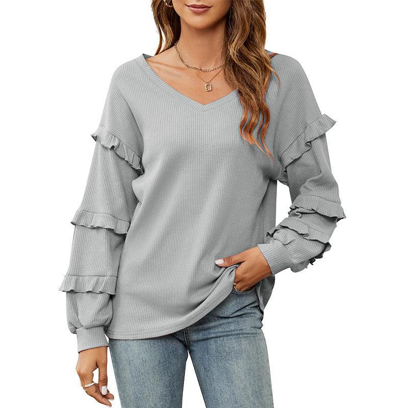 Women's Top Autumn And Winter New Women's Waffle V-neck Flounce Top - Trendha