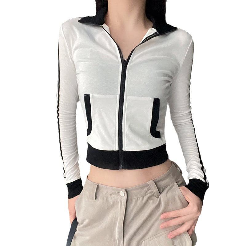 Women's Zipped Stand Collar Black And White Long-sleeved Top - Trendha