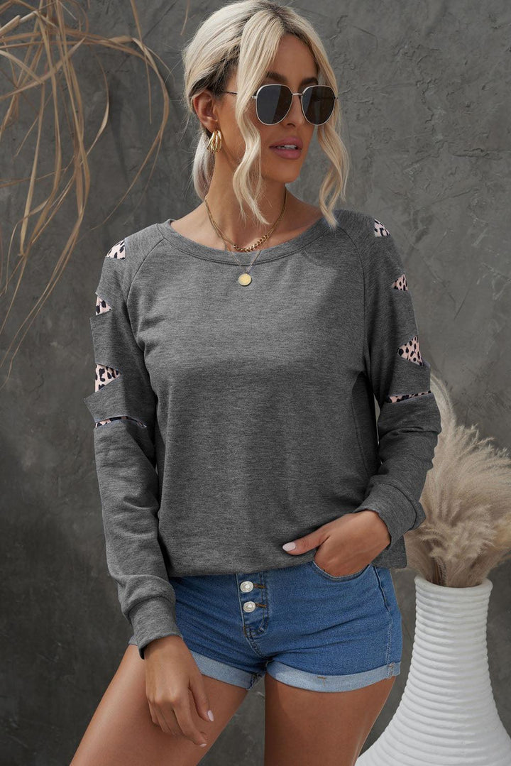 Leopard Patchwork Raglan Sleeve Sweatshirt - Trendha