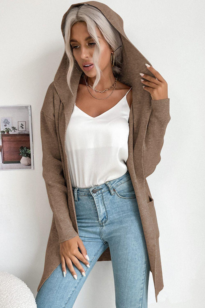 Ribbed Open Front Hooded Cardigan with Pockets - Trendha