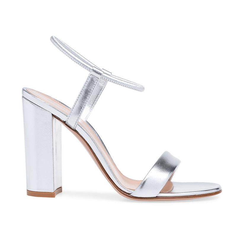 Ladies Gold And Silver PU Round Head Thick High-heel Banquet Summer New Style Sandals - Trendha