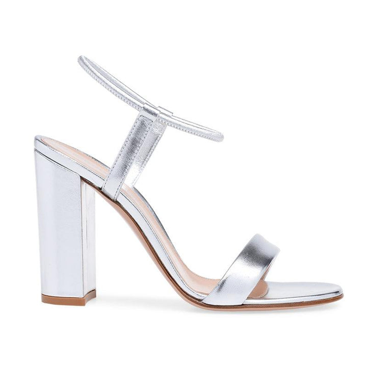 Ladies Gold And Silver PU Round Head Thick High-heel Banquet Summer New Style Sandals - Trendha