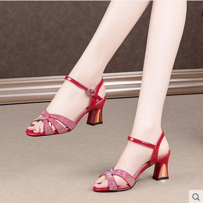 Woven Thin Strap Rhinestone Sandals Women's Chunky Heel - Trendha