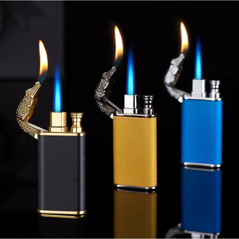 Creative Blue Flame Lighter Dolphin Dragon Tiger Double Fire Metal Winproof Lighter Inflatable Lighter - Trendha