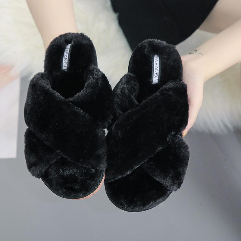 Cross open-toe fur slippers - Trendha