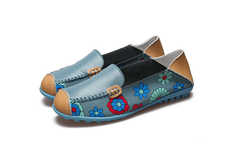 Flower Print Genuine Leather Flexible Loafers