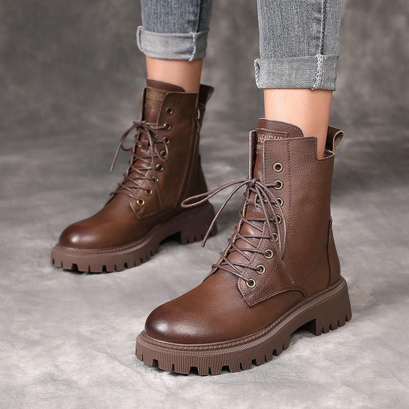 British Thick-soled Lace and Velvet Mid-cut Knight Boots - Trendha