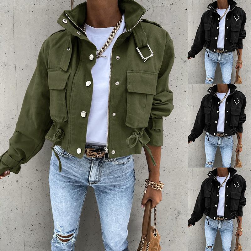 Cropped Polyester Utility Jacket with Buckled Collar