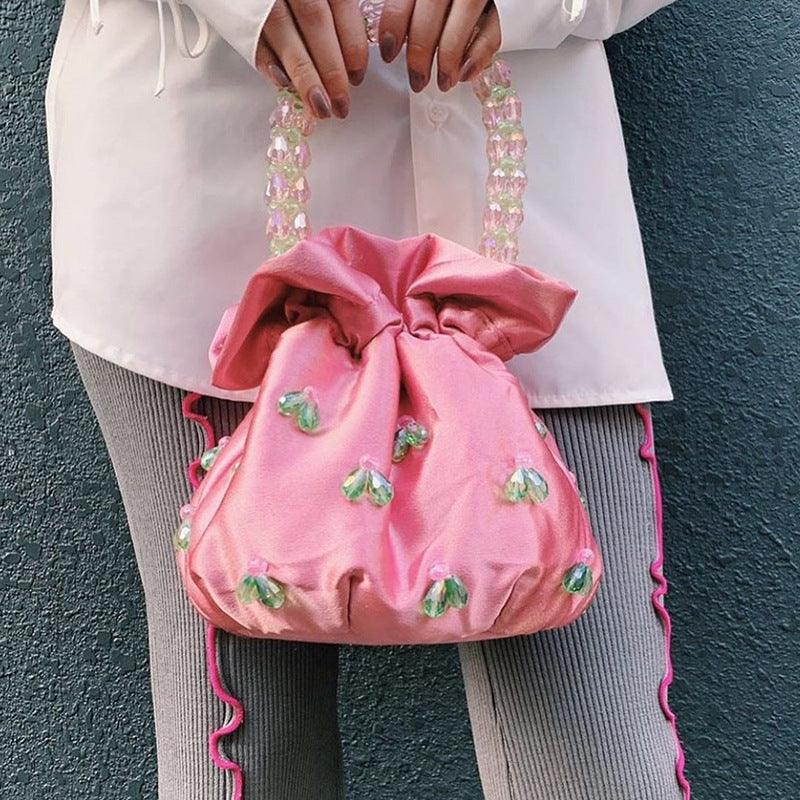 Pink Satin-Style Bucket Bag with Beaded Handle