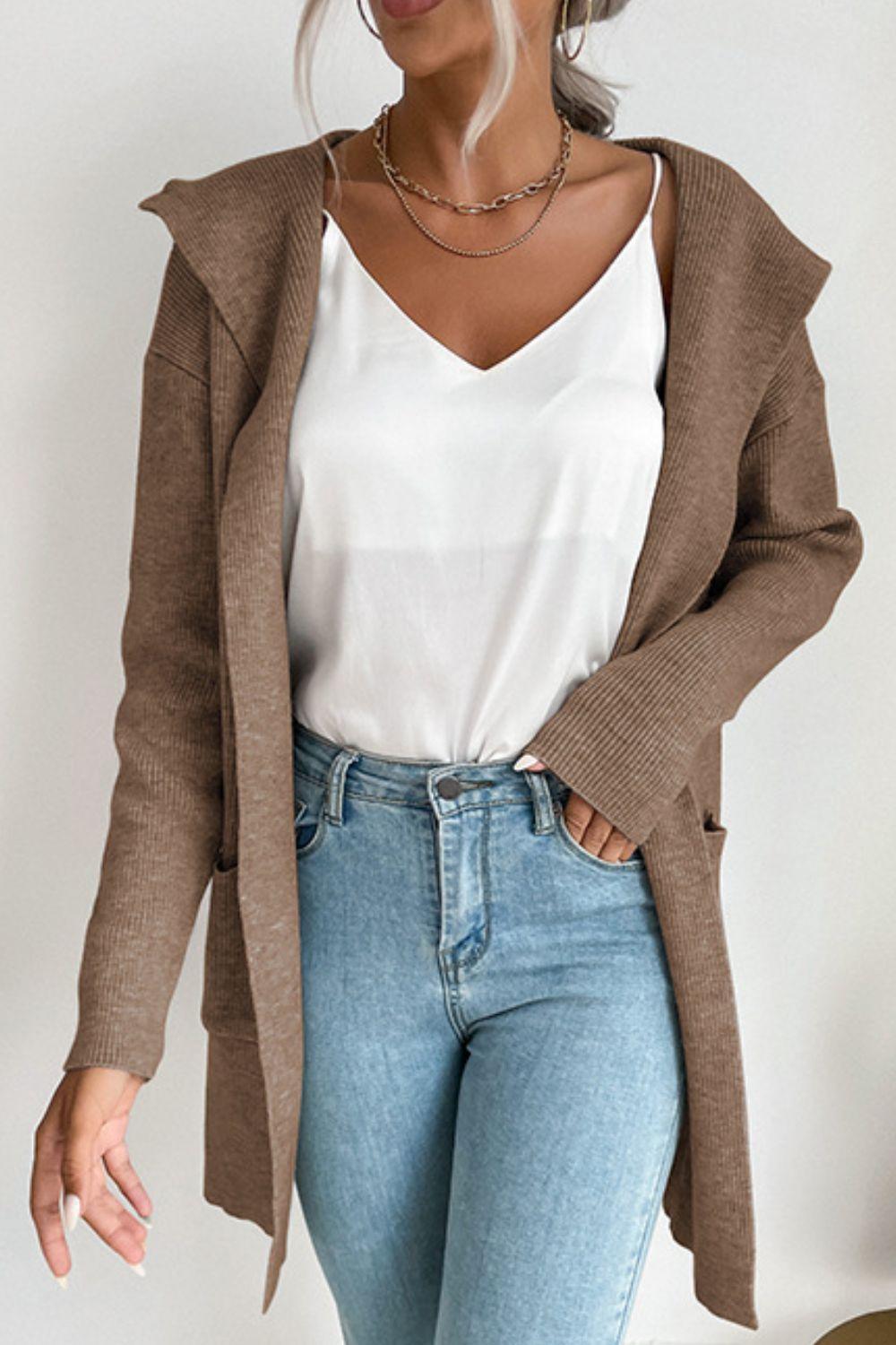 Ribbed Open Front Hooded Cardigan with Pockets - Trendha