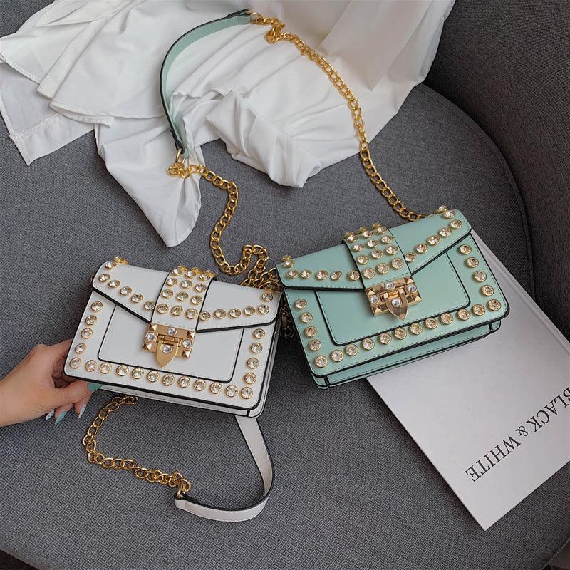 Rhinestone rivet chain bag shoulder bag - Trendha