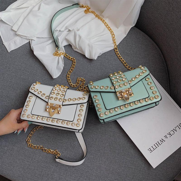 Rhinestone rivet chain bag shoulder bag - Trendha