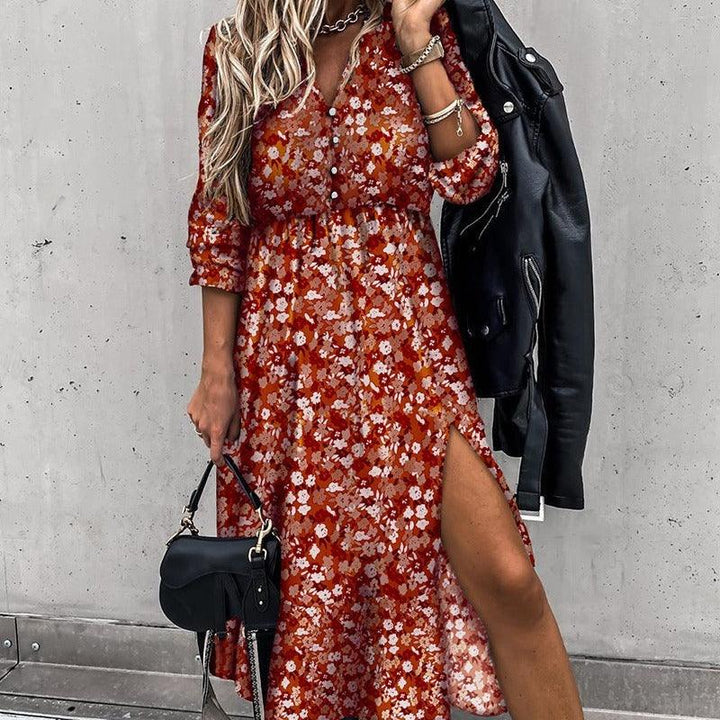 Blue split floral V-neck button long skirt - Trendha