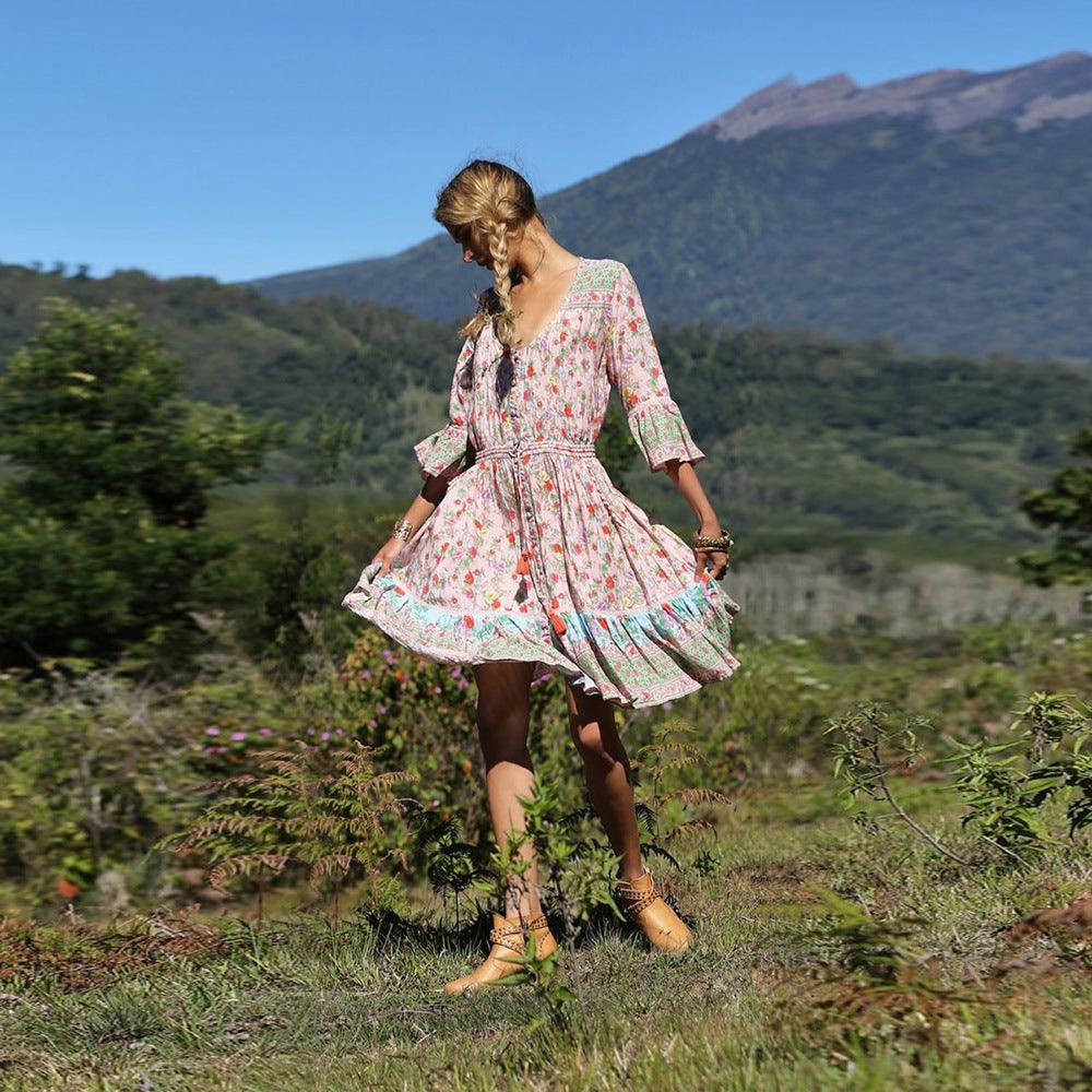 Bohemian beach resort style pleated print dress - Trendha