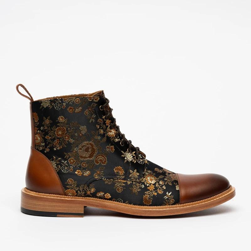 Men’s Floral-Panel Lace-Up Ankle Boots