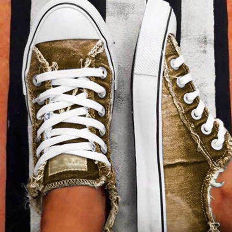 Women's Large Size Lace-Up Canvas Sneakers with Thick Soles and Denim Design