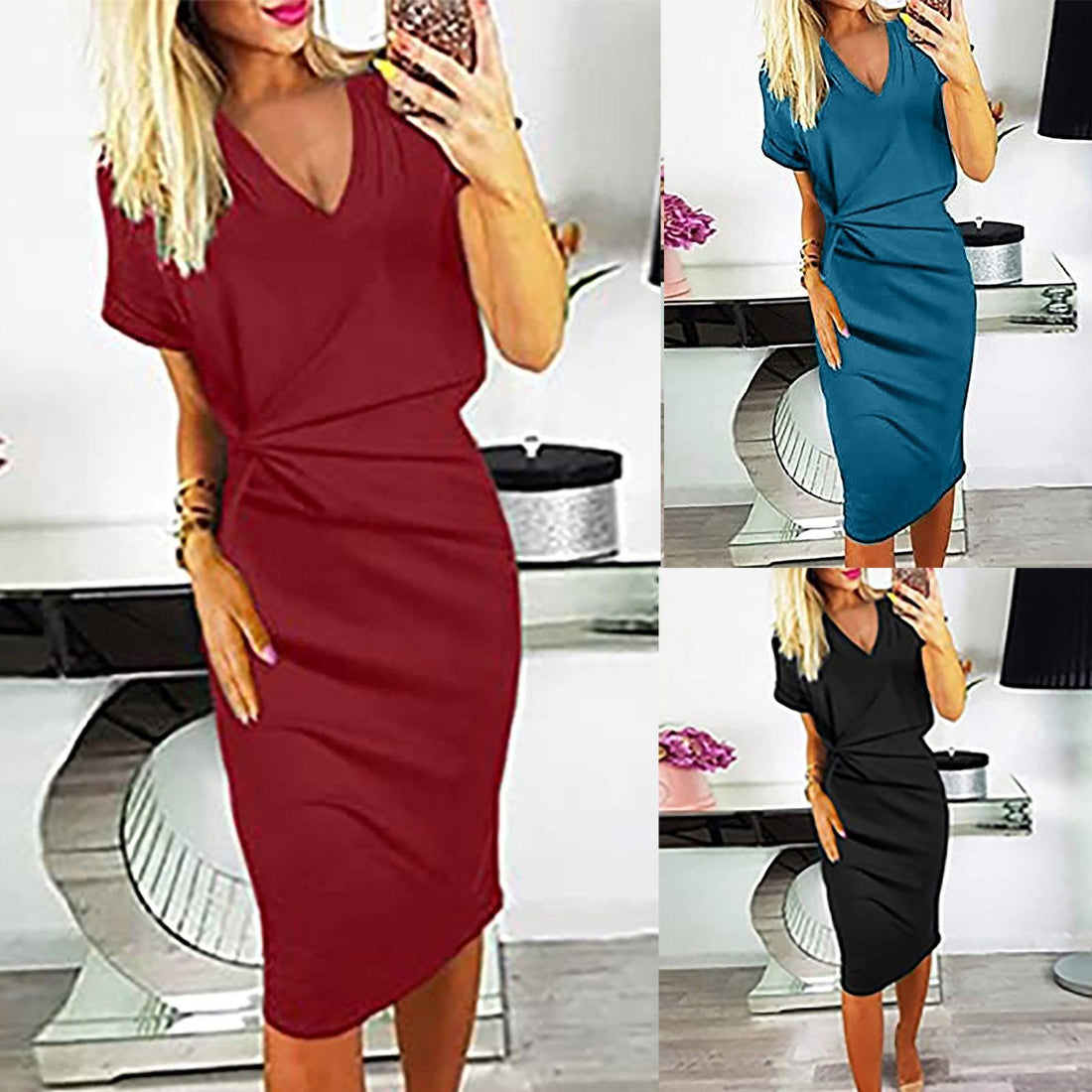 Twist-Waist V-Neck Short-Sleeve Dress