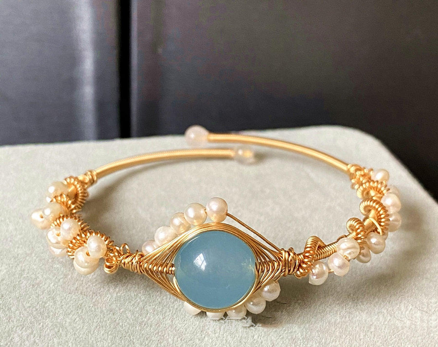 14K GoldWrapped Handmade Bracelet Hailan Baohai Sapphire Natural White Pearl Bracelet - Trendha