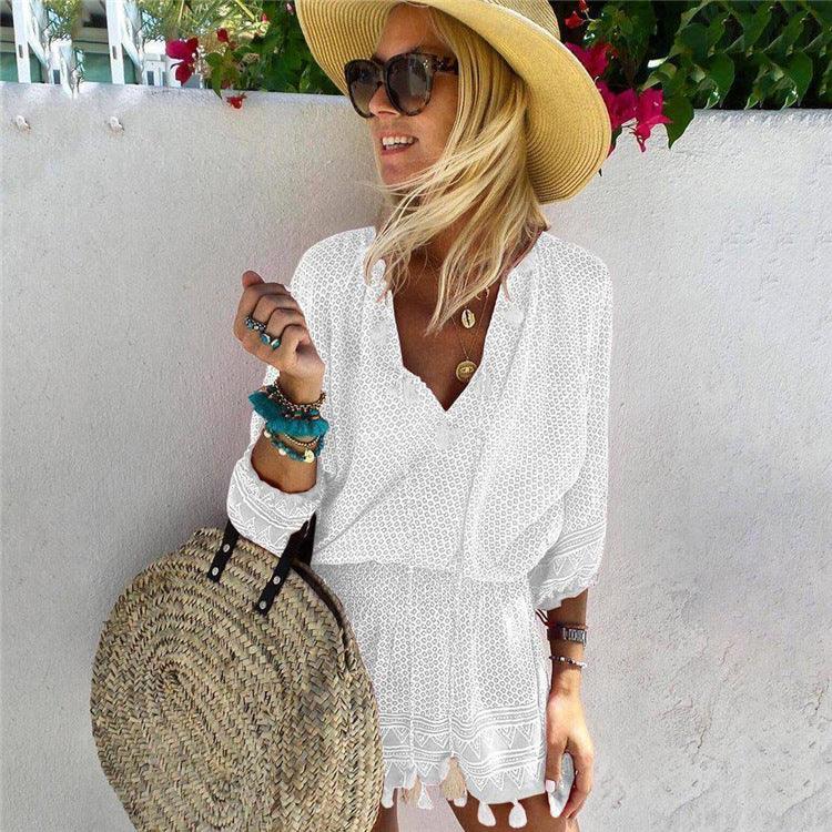 Women's Printed Dress V Neck Elastic Waist Fringed Beach Dress