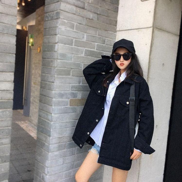 Denim Jacket Women'S Mid-Length Black Spring And Autumn Loose Large Size Net Red All-Match Student Jacket - Trendha