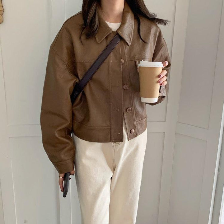 Spring Niche Handsome Lapel Single-Breasted Loose Casual Long-Sleeved Motorcycle Clothing Leather Short Jacket Women - Trendha