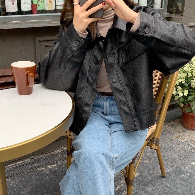 Spring Niche Handsome Lapel Single-Breasted Loose Casual Long-Sleeved Motorcycle Clothing Leather Short Jacket Women - Trendha