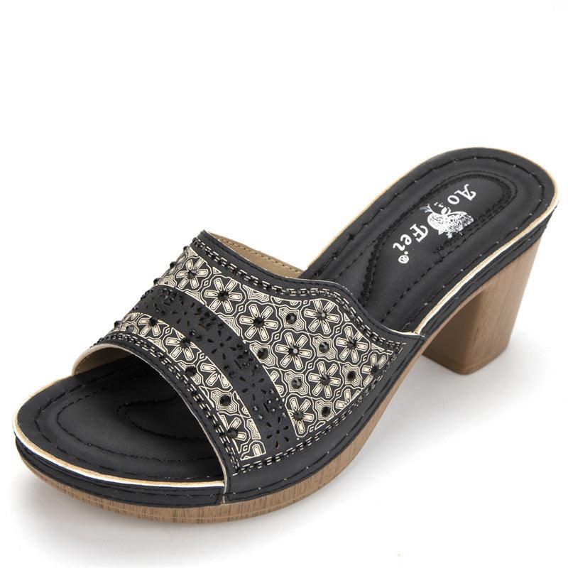 Summer New Style 2021 High-Heeled Shoes Ethnic Wind Rhinestone Thick Heel Totem Cross-Border Ladies Sandals Comfortable Slippers Large Size - Trendha