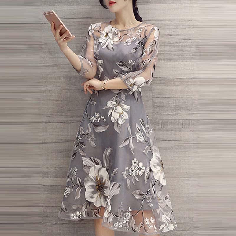 Fashion Round Neck Printed Organza Dress