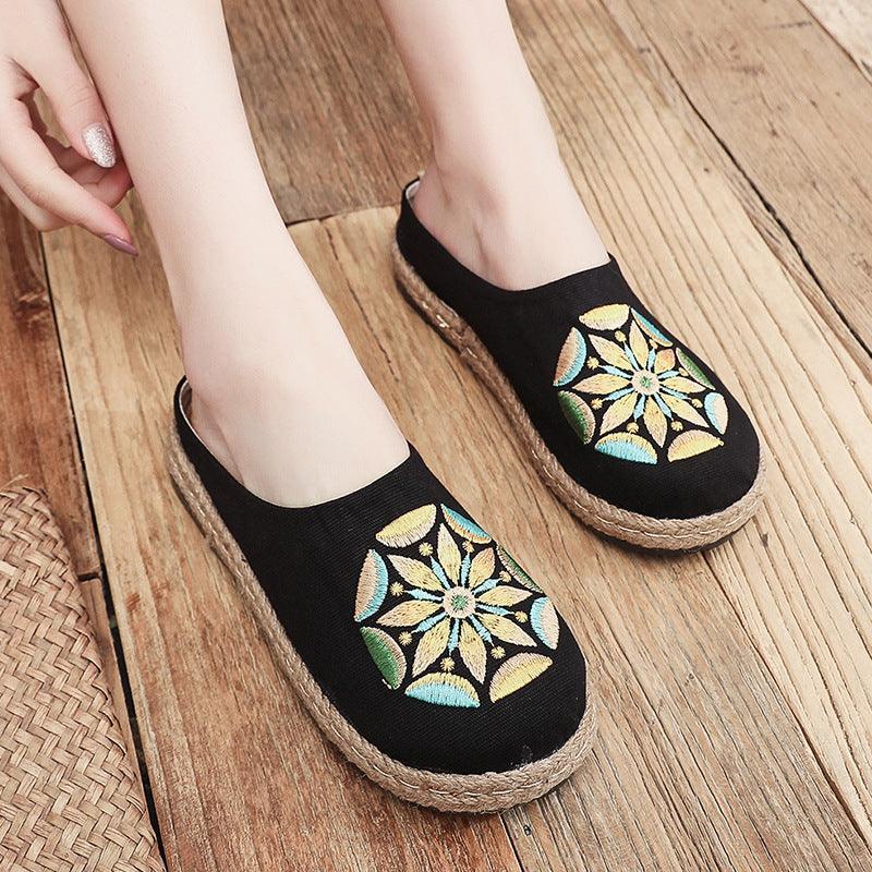 Baotou Sandals And Slippers, Women's Ethnic Style Embroidered Linen Half-mop Shoes, Flat-bottomed Lazy Shoes - Trendha