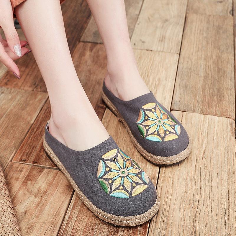 Baotou Sandals And Slippers, Women's Ethnic Style Embroidered Linen Half-mop Shoes, Flat-bottomed Lazy Shoes - Trendha