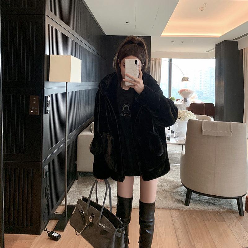 Artificial-Fur Rabbit-Ear Hooded Coat
