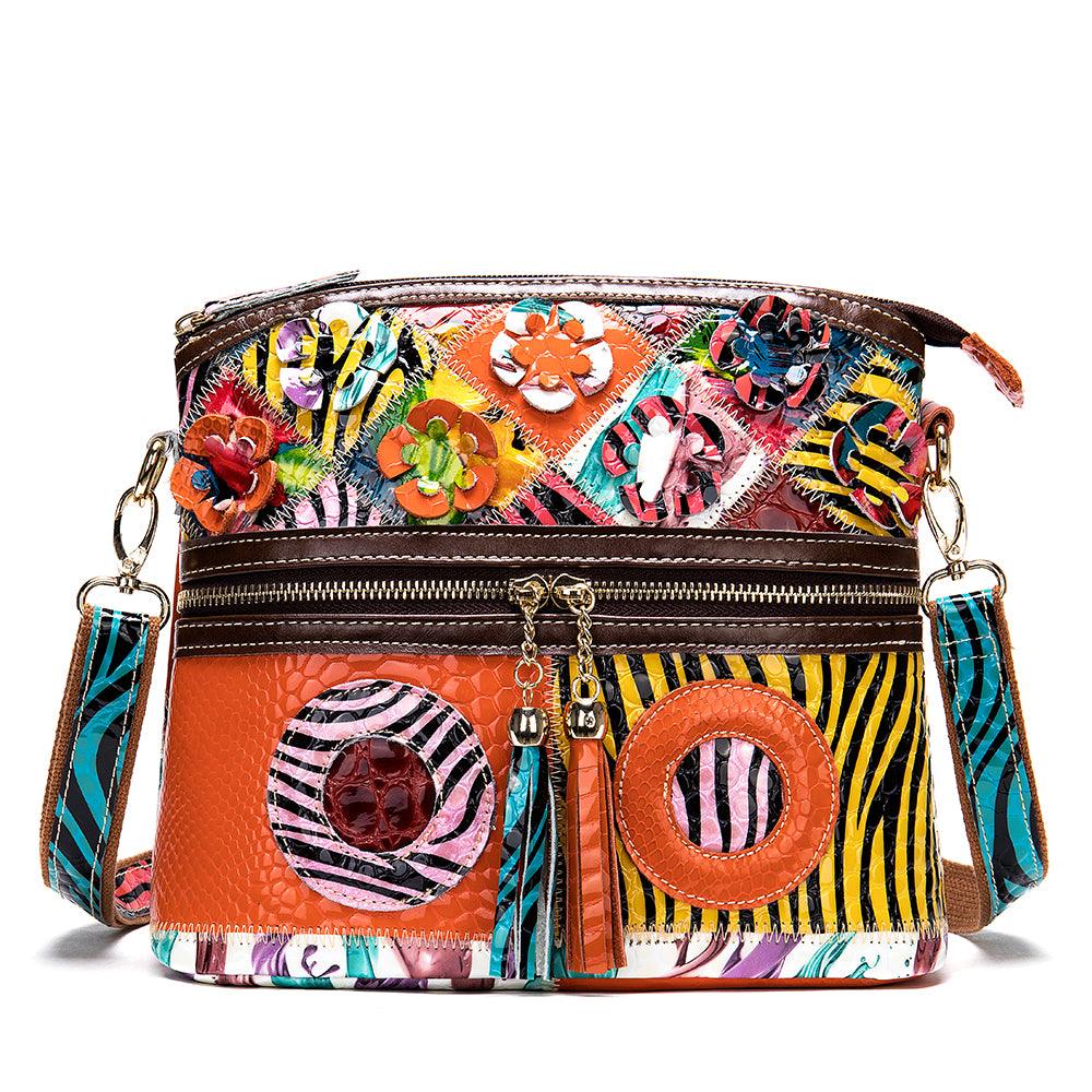 Retro Handbags Cowhide Stitching One-shoulder Messenger Bag Color Flowers Ladies Bag Casual Leather Bag - Trendha